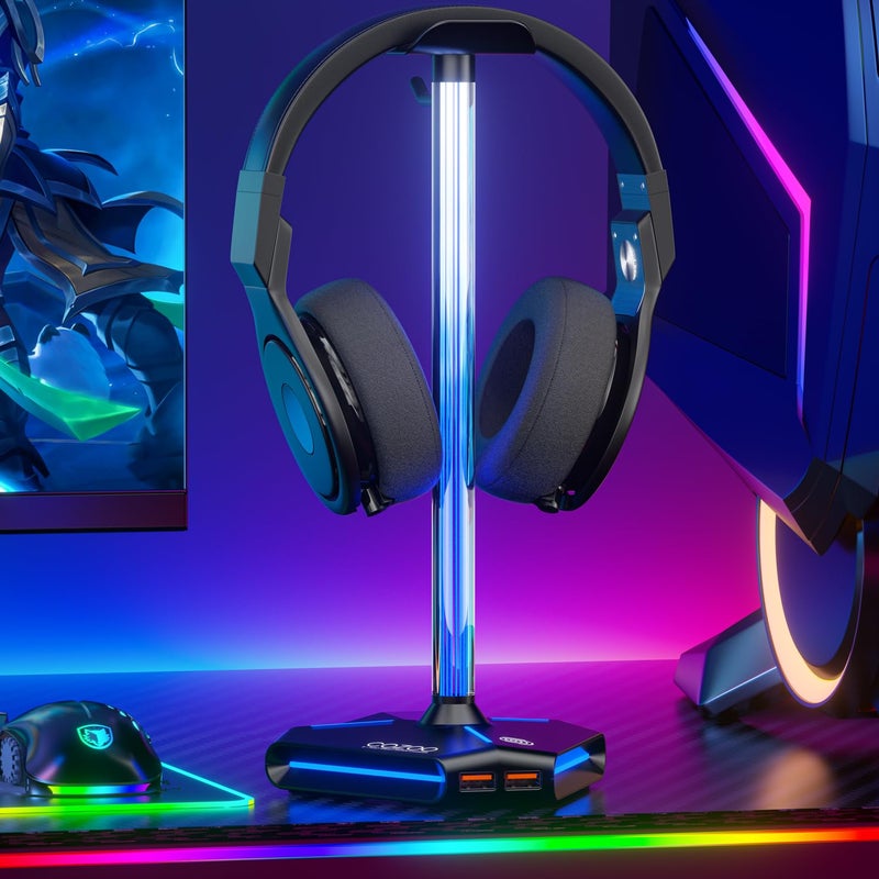 cozoo RGB Headphone Stand with 2 USB2.0 Extension Charging Port Extender Cord,Headset Stand Holder for Gamer Desktop Table Game Earphone Accessories,PC Gaming Accessories for Gamer,Gifts for Boyfriend - Image 1